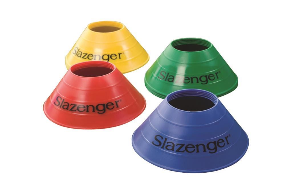 A set of vibrant Slazenger Tennis Training Cones from a 20-pack, featuring yellow, green, red, and blue cones with the brand name prominently displayed on each, is ready to elevate your next training session.