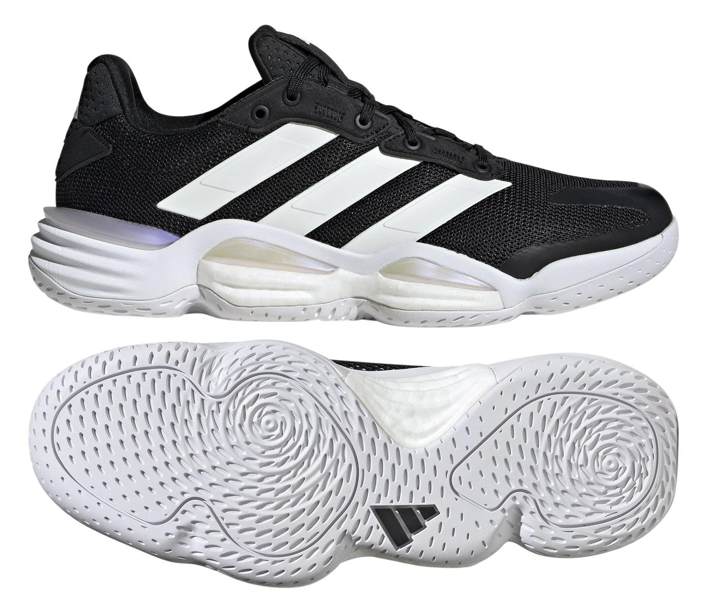 Discover the unrivaled comfort of ADIDAS Stabil 16 Men's Indoor Court Shoes in black, boasting a unique three-stripe design with white accents. Enjoy the ultimate support from its BOOST midsole and circular-patterned sole for better grip, perfect for active sports.