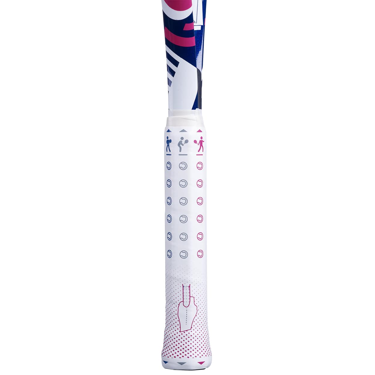 Close-up of the Babolat B-Fly 25 Junior Tennis Racket handle, featuring a vibrant blue and pink color scheme from Babolat. This children's racket grip displays small icons of players and balls, with a hand illustration at the bottom on a crisp white background.