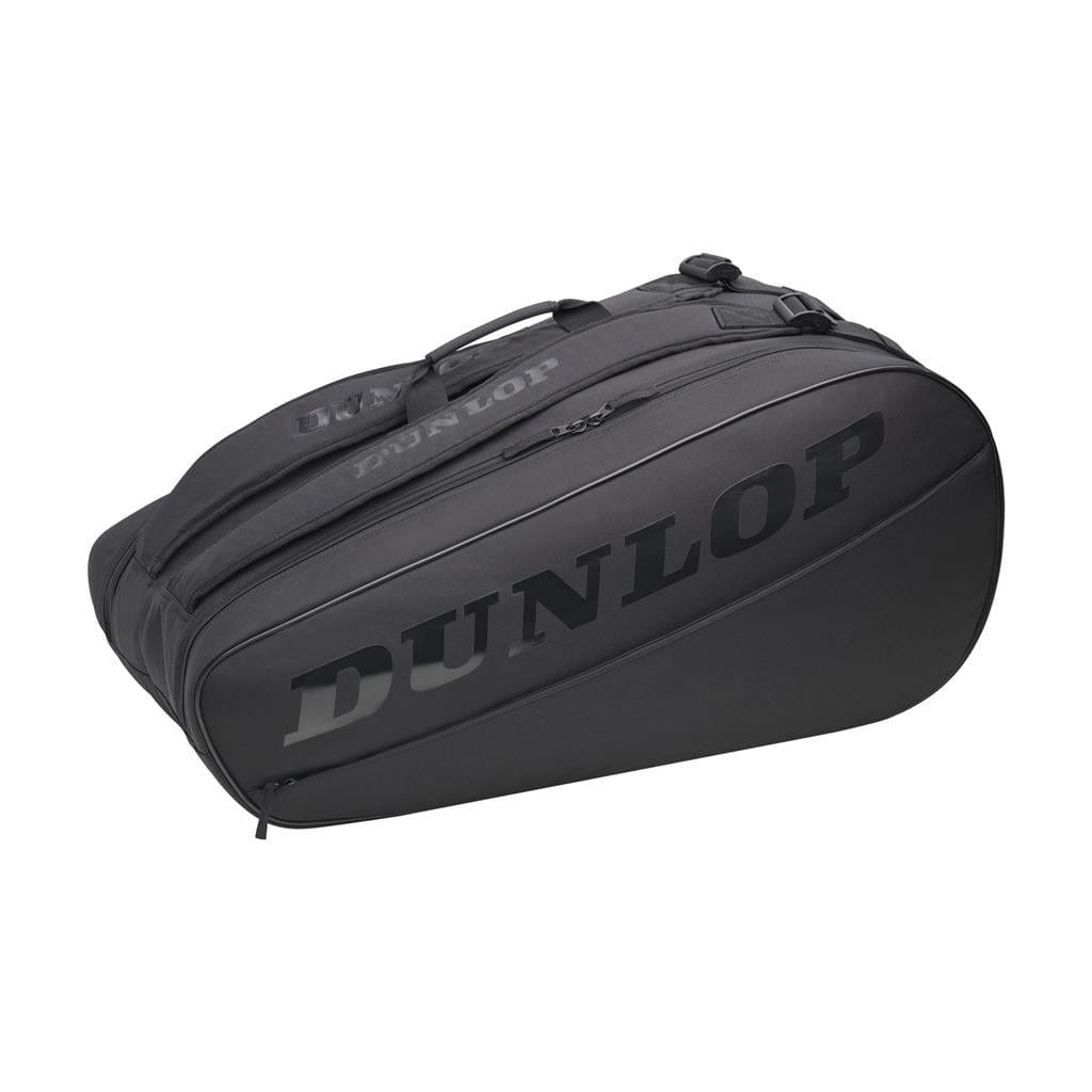 The Dunlop CX-Club 10 Racket Tennis Bag in black is crafted to store up to ten rackets and showcases a modern, rounded design with prominent zippers set against a simple white backdrop.
