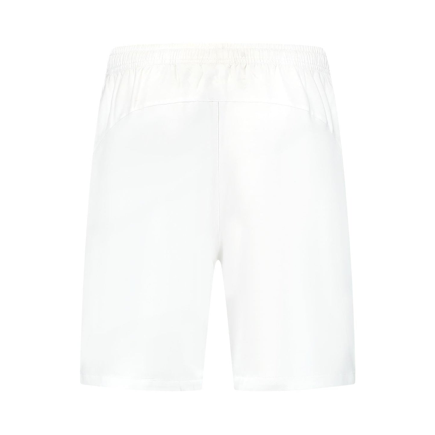 The K-Swiss Hypercourt 7" Men's Tennis Shorts 2 in white feature a sleek, plain design with an elastic waistband and no visible logos or patterns. Made from high-quality four-way stretch polyester, they offer lightweight comfort and flexibility.