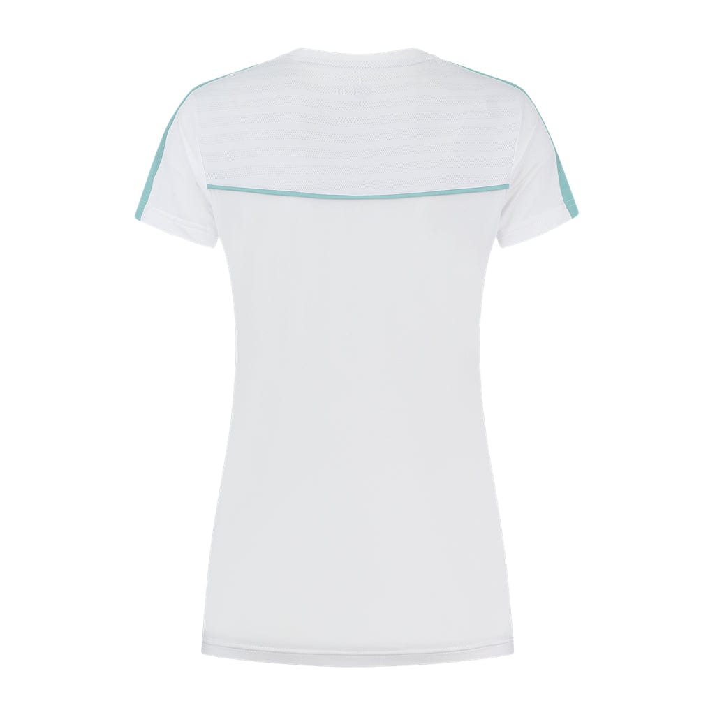 The back view of the K-Swiss Tac Hypercourt Round Neck Tennis Top 2 in white reveals a plain short-sleeved t-shirt with light blue trim along the shoulders. This shirt from K-Swiss highlights a simple design free of visible logos or markings.