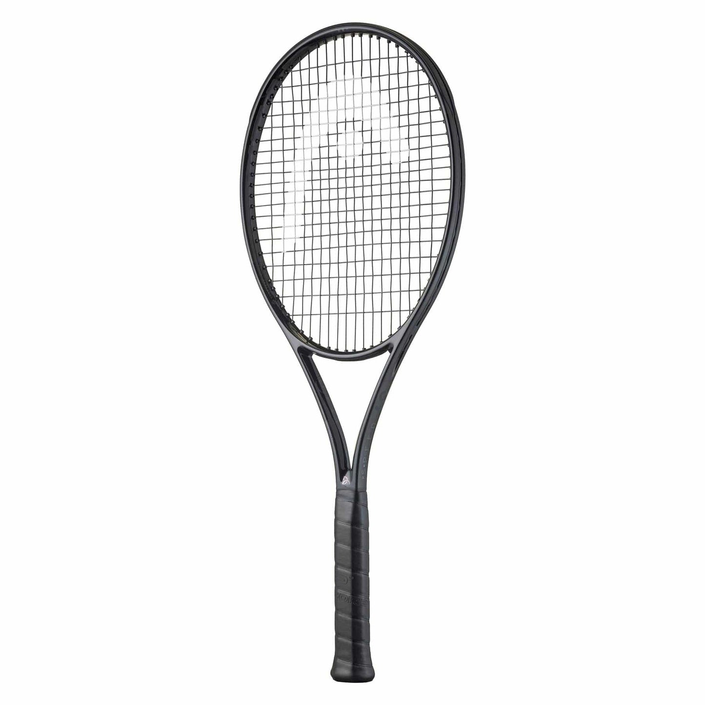 The HEAD Speed Pro Legend 2024 Tennis Racket in black, frame only, mirrors the one used by Novak Djokovic and showcases a slightly textured grip with a standard string pattern set against a plain white background.