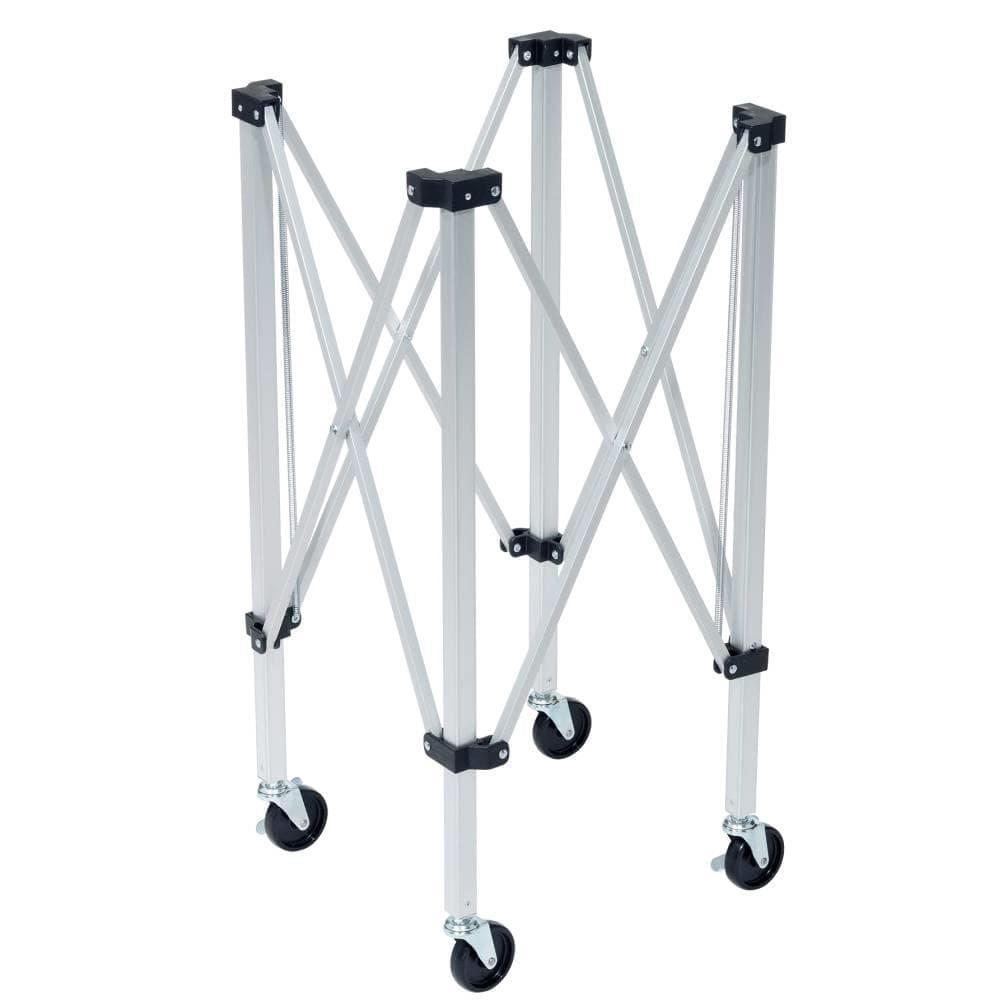 The Babolat Wheeled Tennis Ball Cart is a collapsible metal cart featuring an X-shaped cross-brace design and four caster wheels, along with an adjustable frame. It's ideal for transporting and storing balls with ease.
