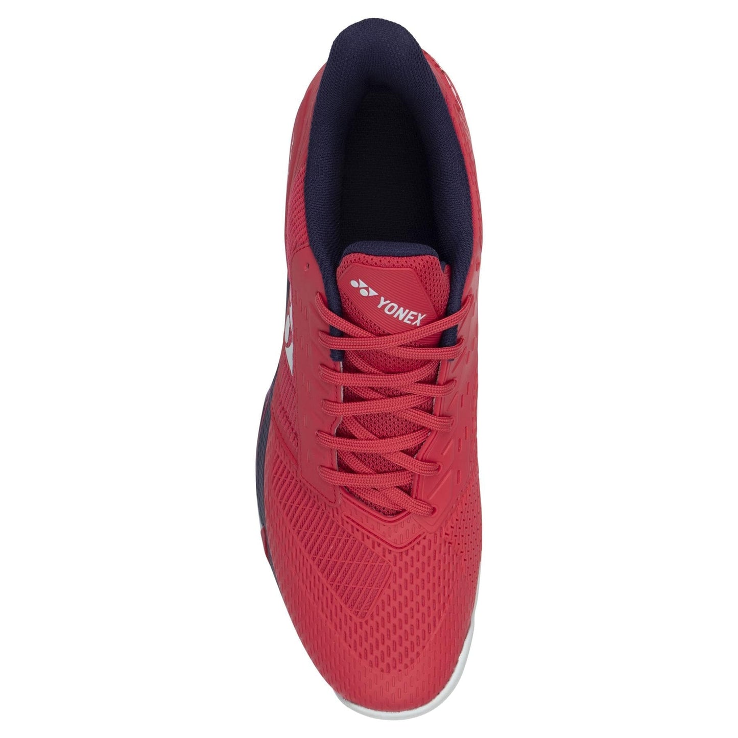 A top view of the Yonex Power Cushion Ad-Accel Men's Tennis Shoes in Sunset Red, showcasing navy interior accents. The shoes boast a breathable mesh design enhanced with Accel-Booster technology, featuring a prominent white Yonex logo on the side and red laces.