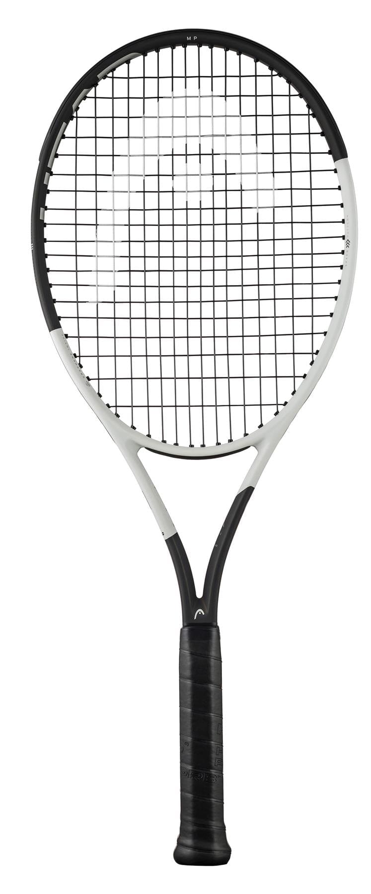 The HEAD Speed MP 2024 Tennis Racket - White / Black showcases a stylish white and black frame with black strings, enhanced by its Graphene Inside technology. The handle is wrapped in black grip tape, highlighting its design against a clean white background.