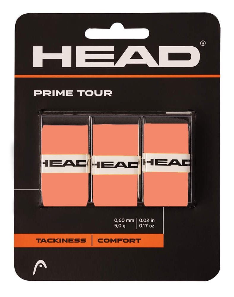 The HEAD Prime Tour Tennis Overgrip (3 Pack) in salmon features three grips with the HEAD logo. They are 0.60 mm thick, weigh 5.0 g each, and are labeled "Tackiness" and "Comfort," enhancing your play.