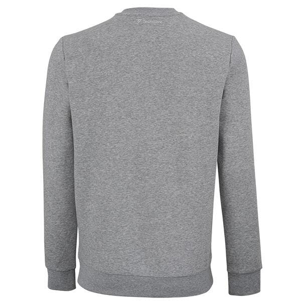 Back view of the Tecnifibre Mens Team Tennis Sweater in silver, featuring long sleeves and ribbed cuffs, crafted from cotton fleece for a simple and casual design.