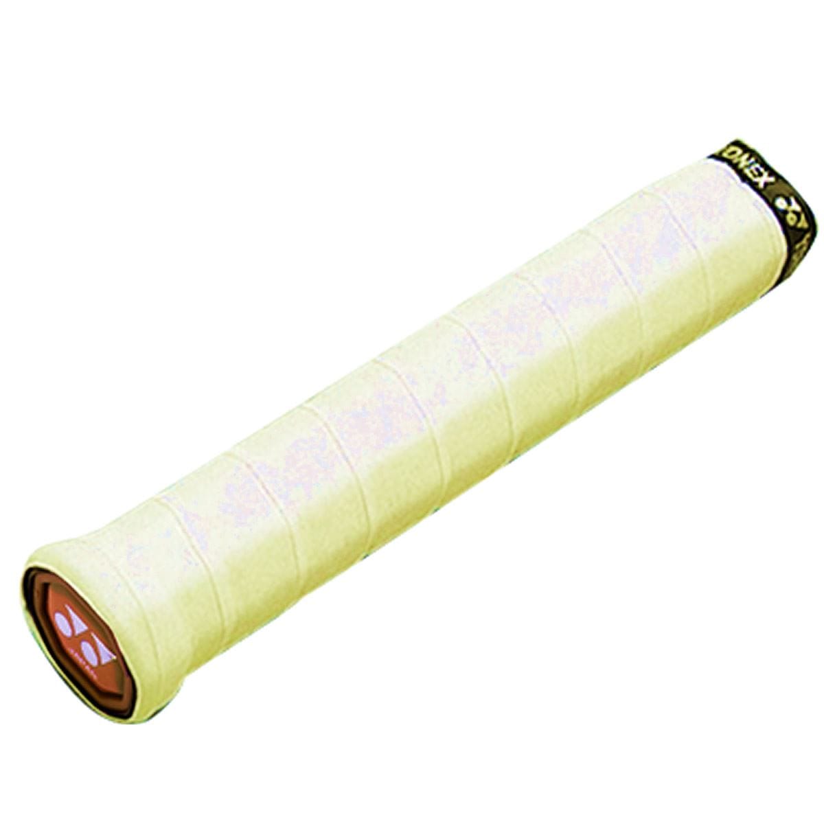 A close-up image showcases a yellow Yonex AC102EX Super Grap Tennis Overgrip, featuring a spiraling pattern for improved sweat absorption and enhanced handling. The textured surface highlights the Yonex logo at the base, with overgrips providing extra control during intense matches.