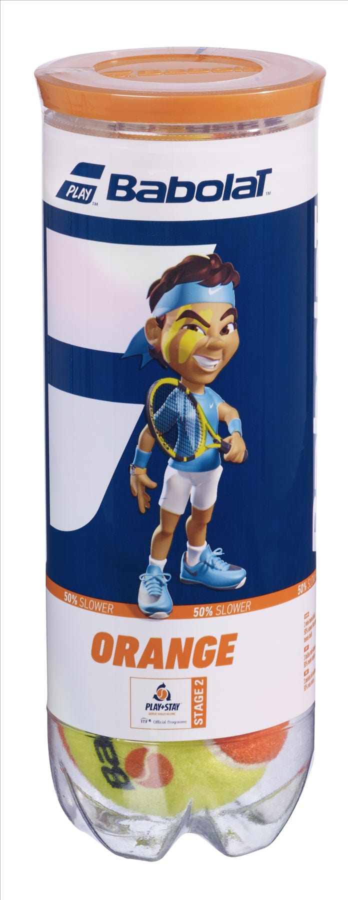 The Babolat Initiation Stage 2 Tennis Balls come in a cylindrical tube with an orange lid, tailored for children aged 8-9. The label displays an animated tennis player holding a racquet, along with the words "Orange" and "50% slower," making them perfect for training. Each tube contains three tennis balls.