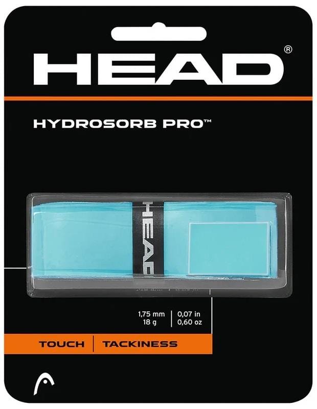 The HEAD HydroSorb Pro Replacement Tennis Grip - Celeste features a super tacky, high-quality design ideal for racquets. The light blue packaging displays "Touch" and "Tackiness" details, weighs 18g, and is 1.75mm thick, with white and orange text on a black background highlighting its premium quality.