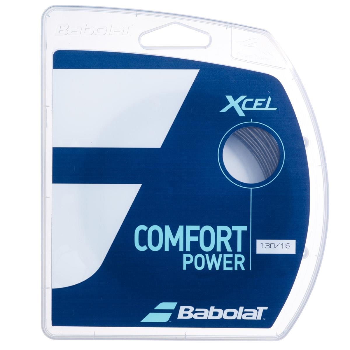 The Babolat XCEL Tennis String (12m) - Black is stylishly encased in a clear plastic package that prominently displays the Babolat logo. These multifilament strings offer excellent comfort and boast a "130/16" gauge for peak performance.