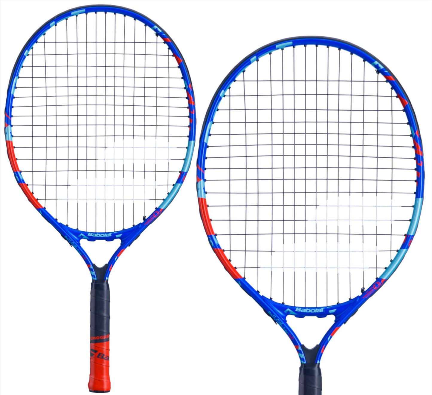 Two stylish Babolat BallFighter 21 Junior Tennis Rackets, featuring blue and red frames with white strings and prominently displayed logos. The red handles are enhanced with black accents and a teaching grip, making them perfect for beginners who are passionate about tennis.