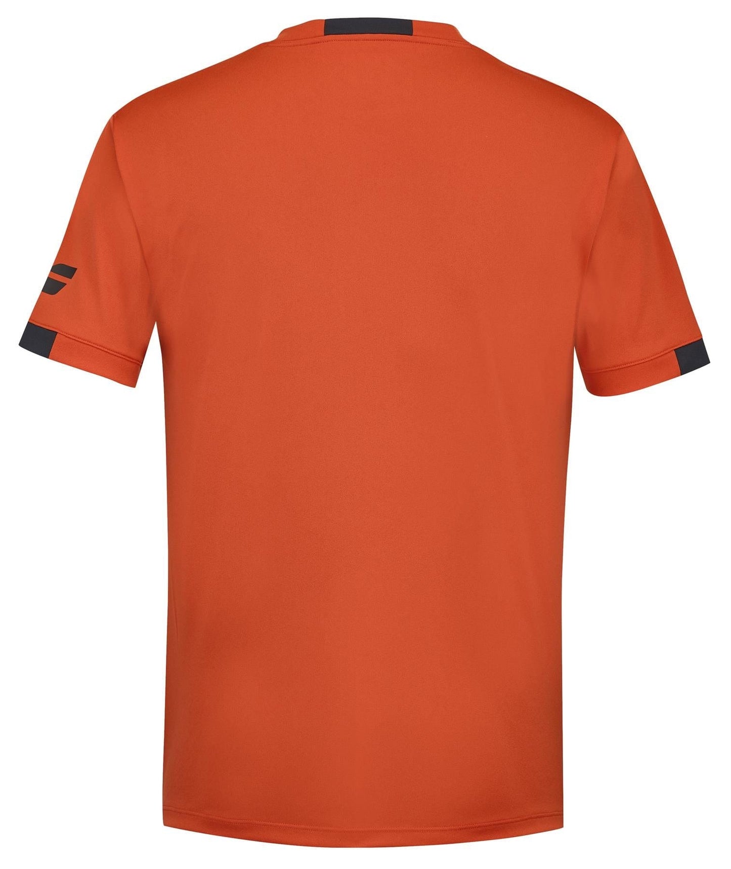 The Babolat Play Men's Crew Neck Tennis T-Shirt in Fiesta Red is a simple yet stylish option, made from Fiber Dry-polyester and featuring black accents on the sleeves. The back presents a minimalist design without any visible logos or patterns. Its smooth and lightweight fabric ensures comfort for active days.