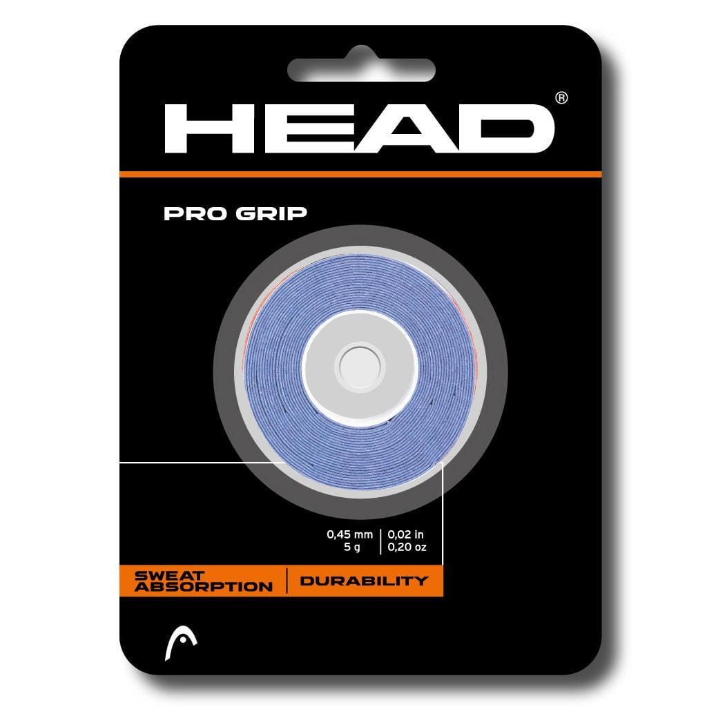 Explore the HEAD Pro Grip Overgrip 3 Pack in blue, recommended by tennis champion Andy Murray. This overgrip provides outstanding sweat absorption and durability. With a thickness of 0.45 mm and a light weight of just 5g (0.20 oz), it comes beautifully packaged with a black background featuring vibrant orange and white text.