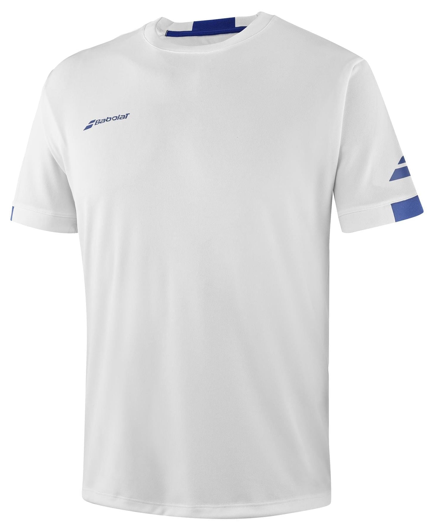 The Babolat Play Men's Crew Neck Tennis T-Shirt in white boasts a classic cut with short sleeves, featuring subtle blue details and the "Babolat" brand name displayed on the chest. Crafted from Fiber Dry-polyester, its uncomplicated and sporty design makes it ideal for athletic pursuits.