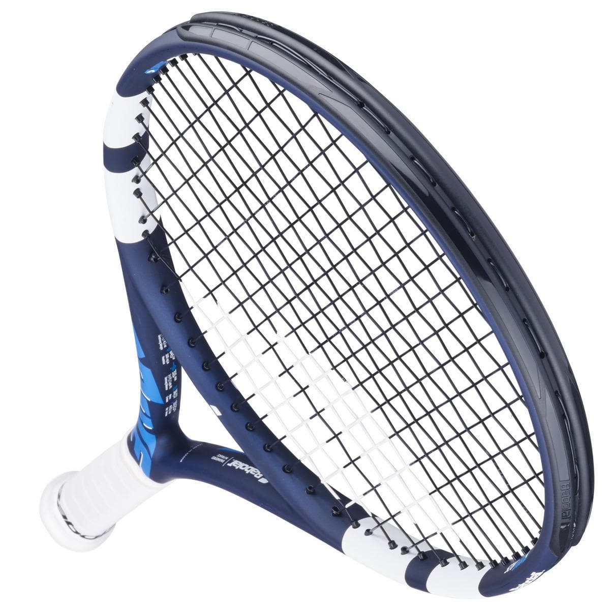 Close-up of the Babolat Drive Junior 25 Tennis Racket in blue and white. Ideal for intermediate players, it boasts a black netted string pattern and features a expertly wrapped white grip for added comfort and control.