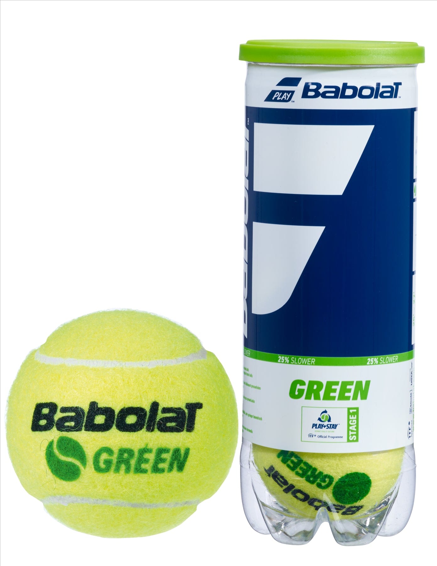A Babolat Initiation Stage 1 Tennis Balls canister, labeled "Green" and including one yellow-green tennis ball displayed next to it with the Babolat logo, is ideal for training. These balls are designed to slow down play, aiding beginners in skill development.