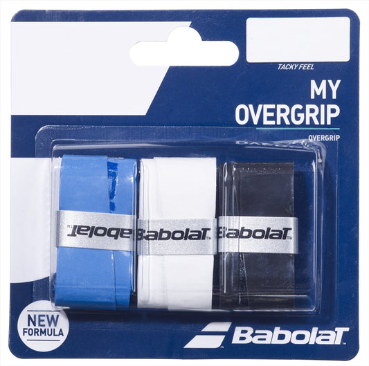 The Babolat My Overgrip X3 Tennis Overgrips come in a set of three colors: black, blue, and white. The packaging highlights the "Tacky Feel" and "New Formula," prominently displaying the Babolat logo. These tennis grips are designed for outstanding absorption to boost your court performance.