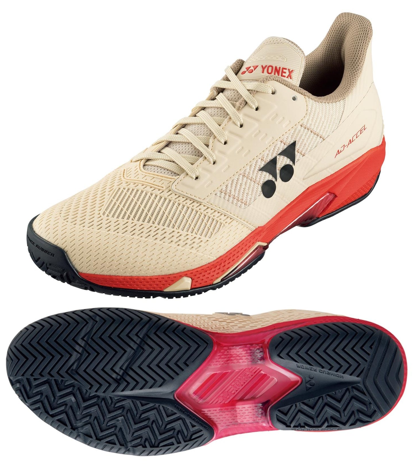 The Yonex Power Cushion Ad-Accel Men's Tennis Shoes in Sand Beige feature red and black accents with Accel-Booster technology for explosive speed. They offer views of the top, side, and sole's tread pattern. The Yonex logo is visible on both the side and tongue.