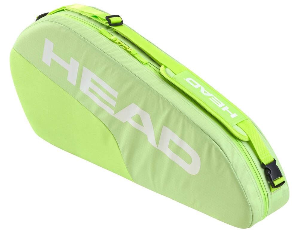 The HEAD BASE 3 Racket Tennis Bag S - SG in neon green offers an adjustable shoulder carry system and reinforced construction. Featuring a zipper closure with "HEAD" in bold white letters, it is ideal for securely transporting multiple tennis rackets with ease and comfort.