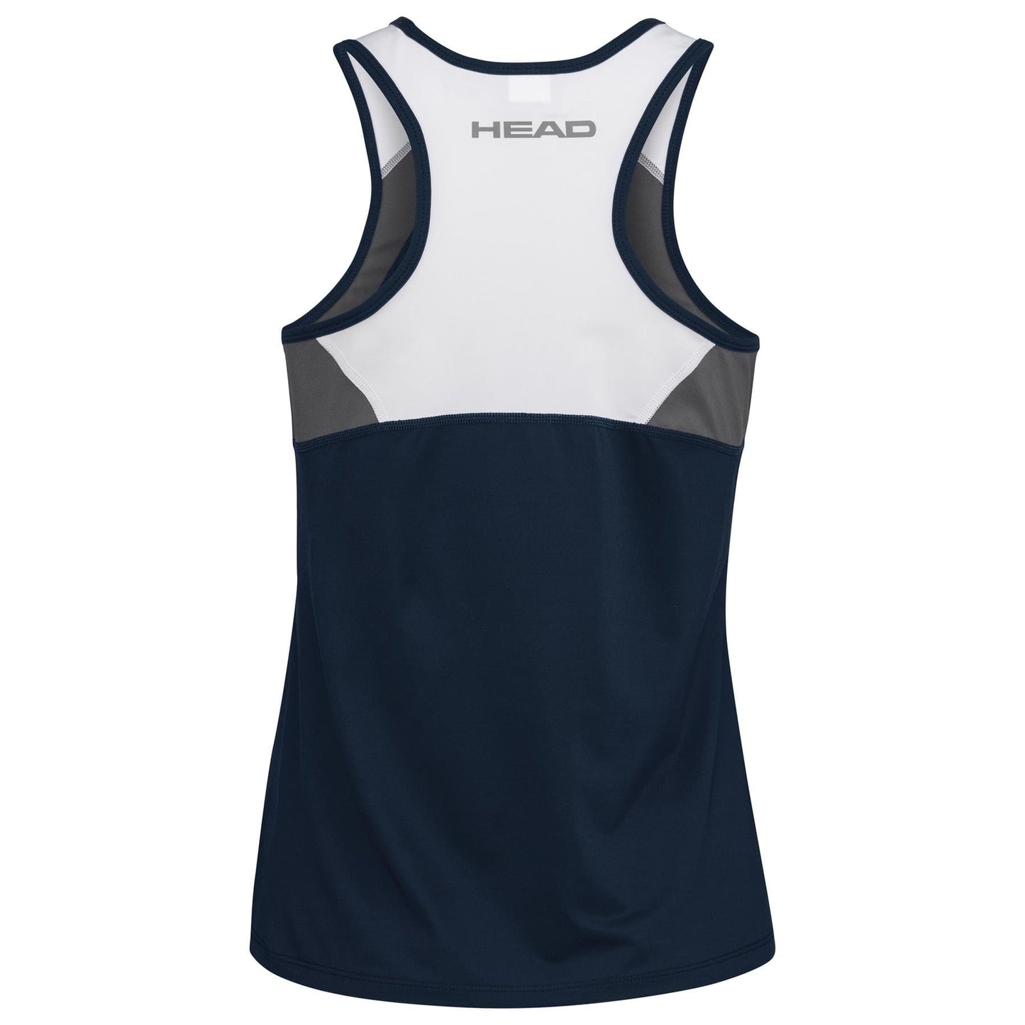 The image highlights the rear view of a HEAD Women's Club 22 Tennis Tank Top in Dark Blue. This tank top is designed with a navy blue lower portion and a white upper section, accented with gray details. It incorporates Moisture Transfer Microfibre technology for enhanced comfort, and the brand name "HEAD" is prominently displayed on the upper back.