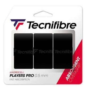 The Tecnifibre Players Pro Tennis Overgrip, available in a three-pack of black grips, is packaged with a white background accented by red and blue details, prominently showcasing text that highlights their "optimal absorption.