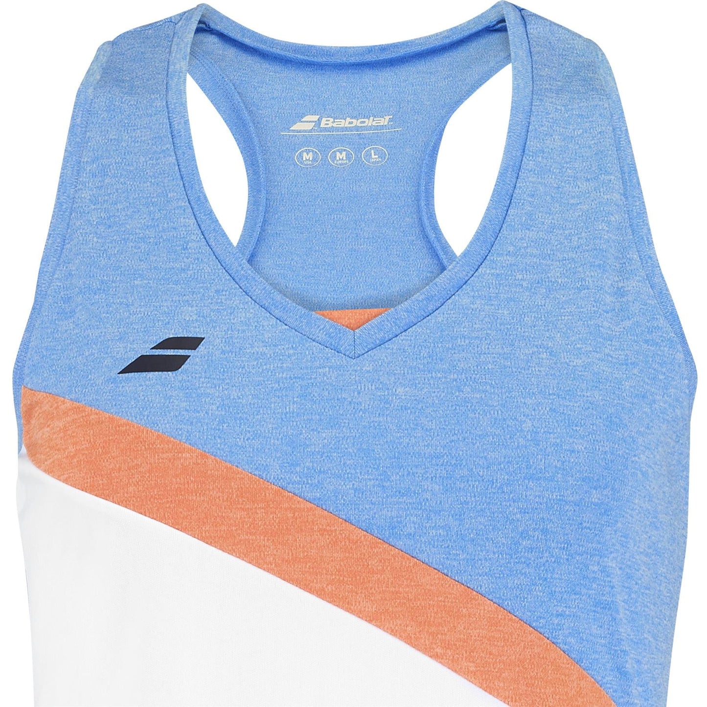 The Babolat Play 2025 Women's Tennis Tank Top combines eco-friendly recycled polyester with performance elegance. It features a stylish white and blue heather design, a V-neck, and the Babolat logo on the chest.