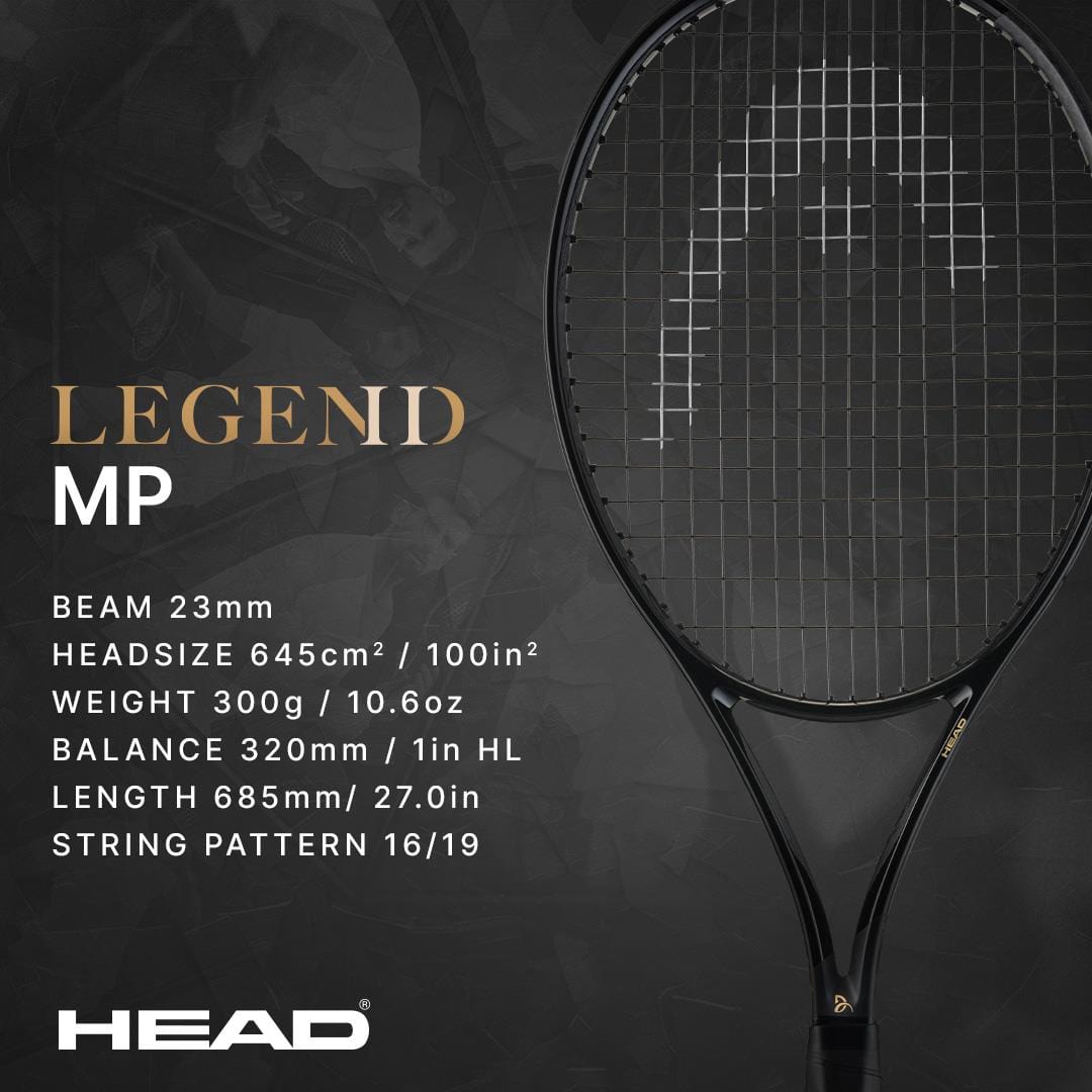 A HEAD Speed MP Legend 2025 Tennis Racket in black and gold is shown on a dark background. Text highlights its specs: 23mm beam, 100in² head, 300g weight, and a 16/19 string pattern. Inspired by Novak Djokovic.