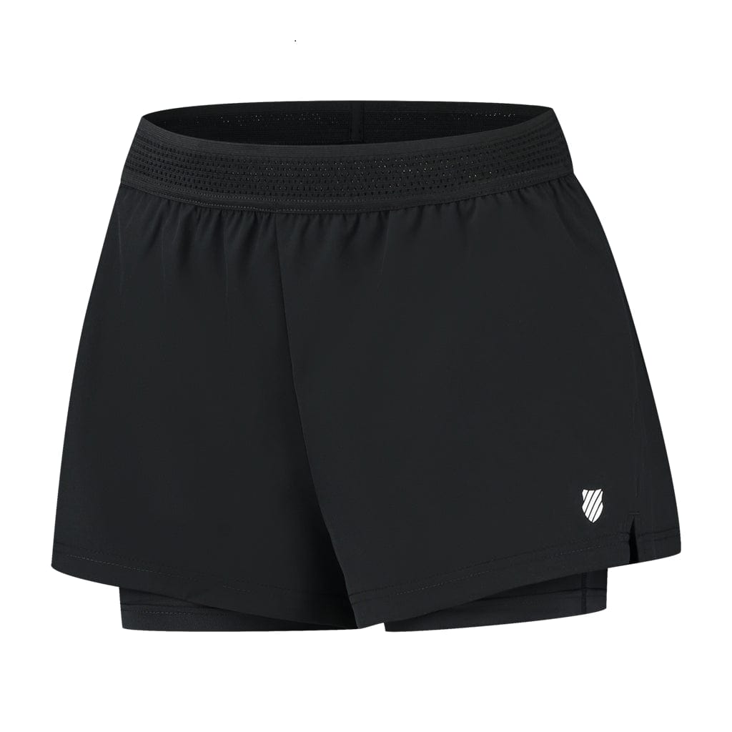 The K-Swiss Tac Hypercourt Tennis Short 5 in black showcases a subtle logo on the lower right side. With its dual-layer construction and innovative 4-Way Density Stretch technology, it offers a snug inner layer and a relaxed outer layer, making it ideal for running or sports activities.