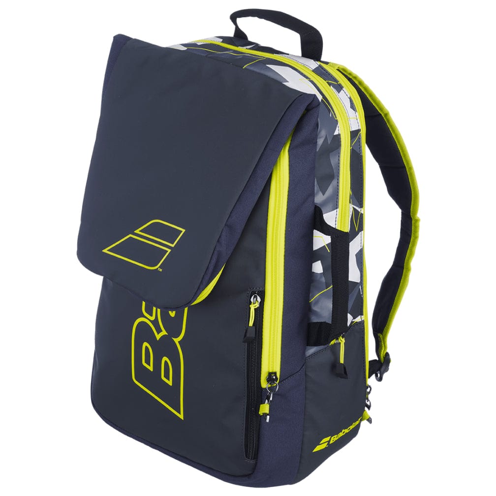 Introducing the Babolat Pure Aero Tennis Backpack - Black: A sleek backpack designed to carry tennis essentials in style. It features a flap design and showcases bold yellow zippers, with a convenient side pocket featuring a zipper. The front flap displays the iconic logo. Enjoy comfort while carrying it, thanks to the padded shoulder straps, sturdy carry handle, and an isothermal insulated compartment for optimal storage conditions.