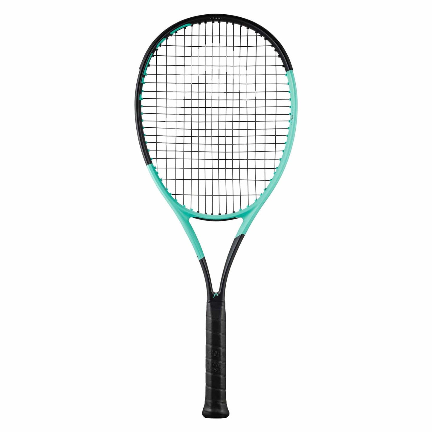 The HEAD Boom Team L 2024 Tennis Racket by HEAD, featuring a black and mint frame, is equipped with Auxetic 2.0 technology for explosive power. It boasts black strings and a sleek black grip, all set against a plain white background.