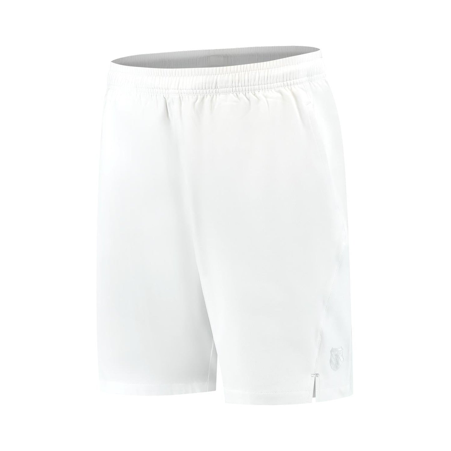 K-Swiss Hypercourt 7" Men's Tennis Shorts in white feature an elastic waistband, subtle logo near the hem, and high-quality four-way stretch polyester. The smooth, slightly shiny fabric is perfect for sports or casual wear, with a knee-length cut and simple design.