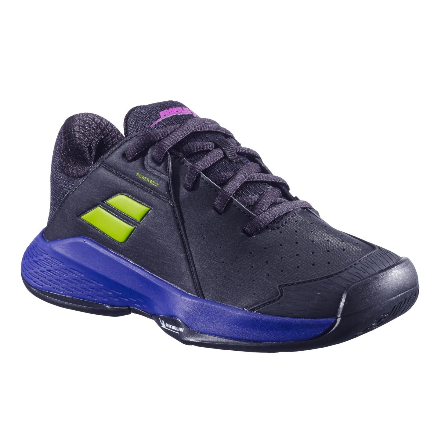 The Babolat Propulse Junior 3 Boys Tennis Shoes in black/dark blue feature perforated toes, a textured heel, and a durable thick Michelin outsole; ideal for young players seeking comfort and style on the court.