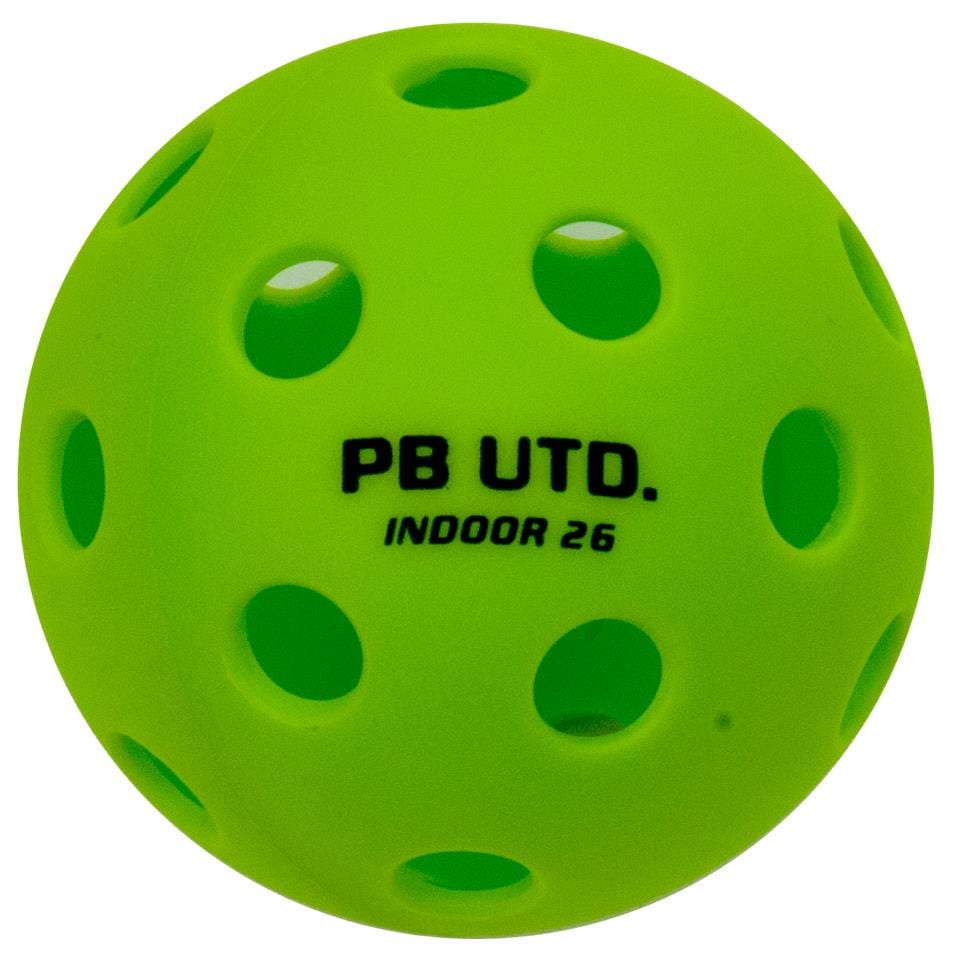 The Pickleball United Freedom 26 Indoor Pickleball Ball (12 Ball) – Green is a durable TPU ball with multiple holes and "PB UTD. INDOOR 26" printed in black, ideal for indoor play.