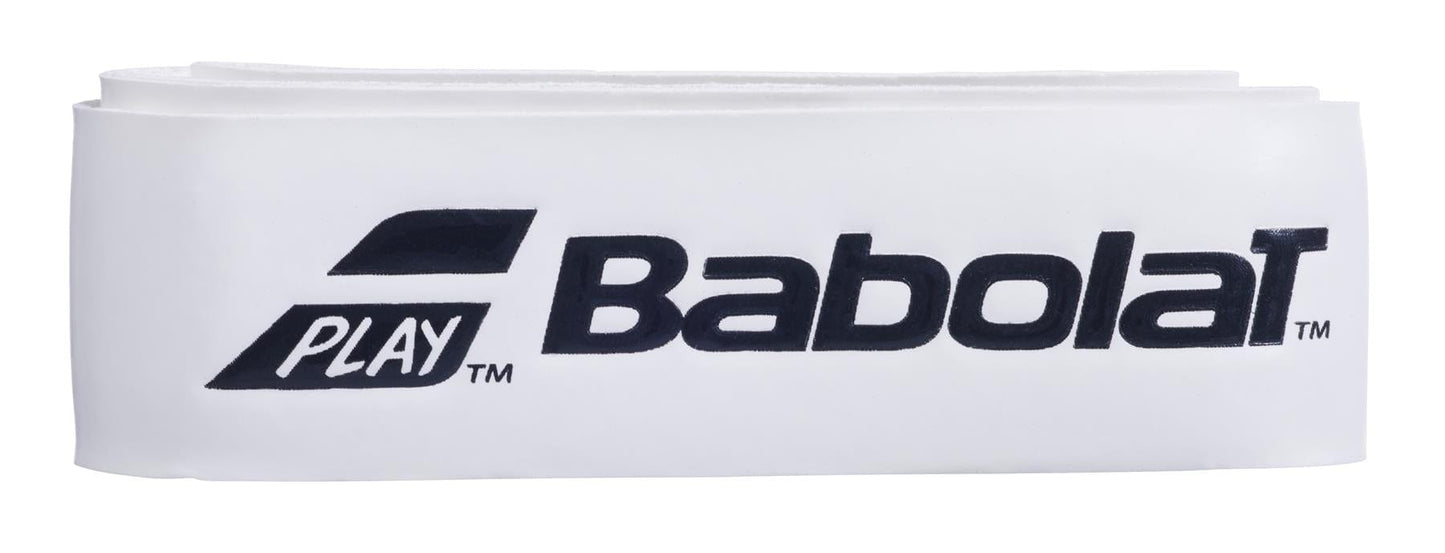 Close-up of a white Babolat Syntec Team X1 Replacement Tennis Grip, celebrated for its thin grip design, featuring "PLAY" and the Babolat logo in black. Ideal for improving racket feedback on the court.