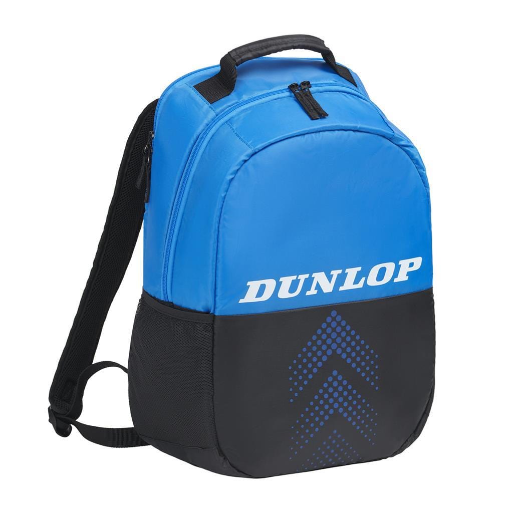 The Dunlop FX Club Tennis Backpack in black and blue is perfect for storing rackets, featuring a front zipper and side mesh pockets. The lower section is black with blue arrow patterns, while the upper section is blue with a black handle and adjustable straps. It's ideal for organizing your gear effortlessly.