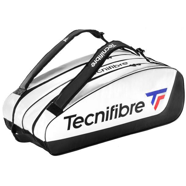 The Tecnifibre Tour Endurance 2023 12 Racket Tennis Bag, designed with robust tarpaulin material, includes shoulder straps and prominently displays the iconic blue and red Tecnifibre logo on its stylish black and white exterior, making it ideal for transporting all your essentials, including your racket.