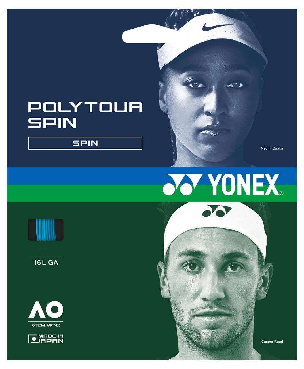 The Yonex Polytour Spin Tennis String (12m) - Cobalt Blue package is divided into two sections: the blue upper half showcases Naomi Osaka wearing a sports headband, while the green lower half features Casper Ruud. Made from polyester tennis string by Yonex, it promises excellent spin. The packaging emphasizes specifications and branding.