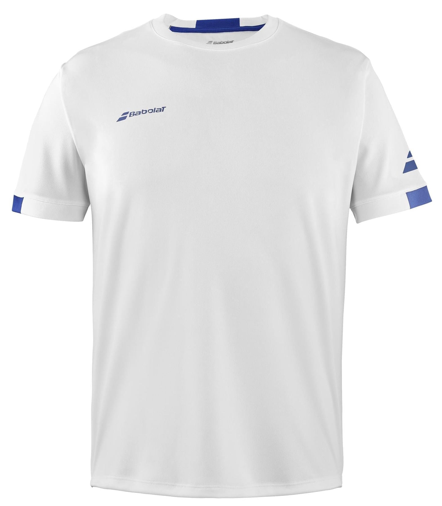 Introducing the Babolat Play Men's Crew Neck Tennis T-Shirt in classic white, designed by Babolat. It features a subtle blue logo on the left chest and two blue stripes on each sleeve. Crafted from Fiber Dry polyester, this t-shirt ensures a lightweight feel, making it ideal for both sports and casual occasions.