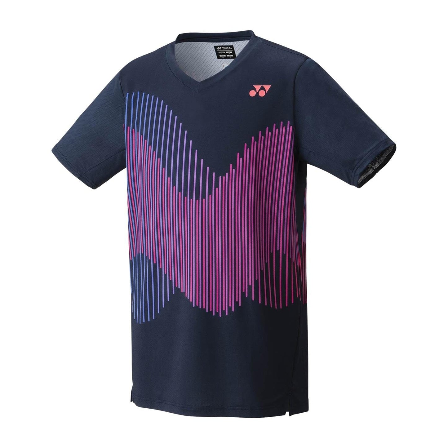 With innovative Yonex technology, the Yonex 10562 Crew Neck Men's Tennis T-Shirt in Indigo Marine showcases short sleeves and a V-neck design. It is decorated with vivid purple and pink vertical wave patterns on the front, while a small Yonex logo embellishes the upper left side for added distinction.