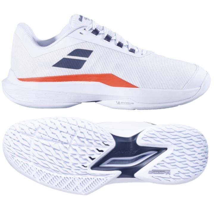Discover the Babolat Jet Tere 2 2024 Men's Tennis Shoes in White and Strike Red, featuring a sleek upper design with blue accents and an eye-catching orange stripe. The detailed tread pattern on the sole ensures enhanced grip, while the ultra-lightweight construction offers exceptional comfort and stability, perfect for tennis enthusiasts.