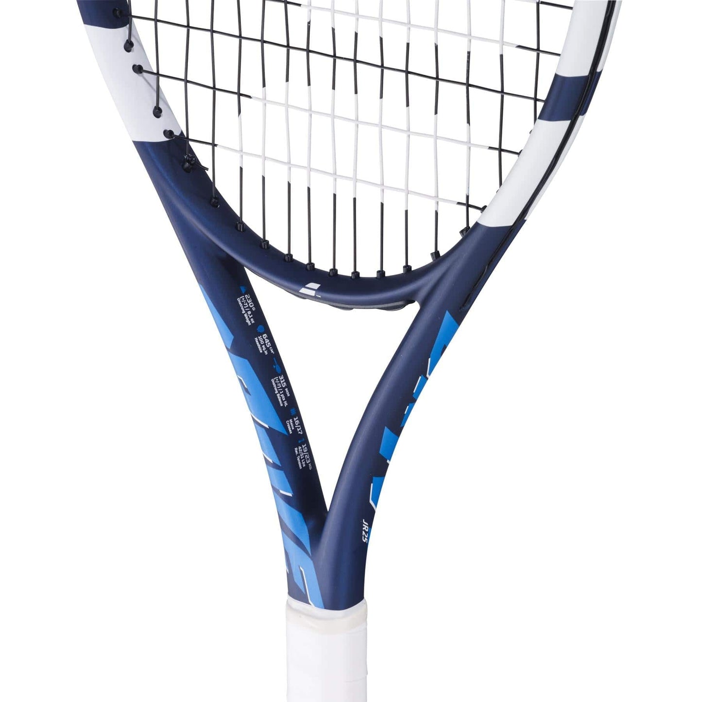 Close-up of the Babolat Drive Junior 25 Tennis Racket by Babolat, ideal for intermediate players, featuring dynamic blue and black patterns on the throat. The design focuses on strings and frame, with a white tape-wrapped grip for style and practicality.
