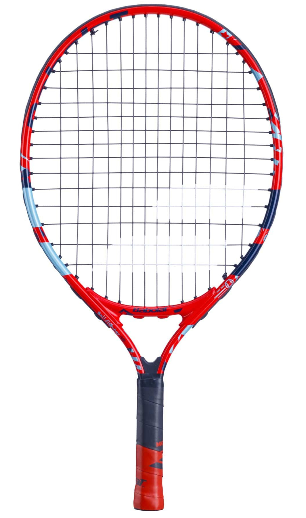 The Babolat BallFighter 19 Junior Tennis Racket by Babolat, ideal for young learners of the sport, showcases a vibrant frame combining blue and red with black strings. Displayed against a white background, the racket's handle is wrapped in red and black grip tape to provide an exceptional teaching grip experience.