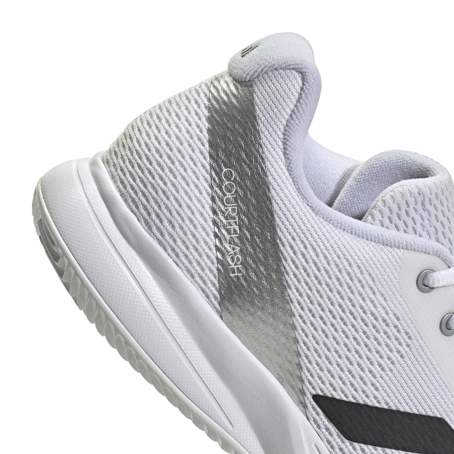 Experience the sleek, modern look of the adidas Courtflash Speed 2 Men's Tennis Shoes in white. Featuring mesh fabric, a textured Adiwear outsole, and stylish gray and black accents with "COURTFLASH" on the side—a perfect choice for the court.