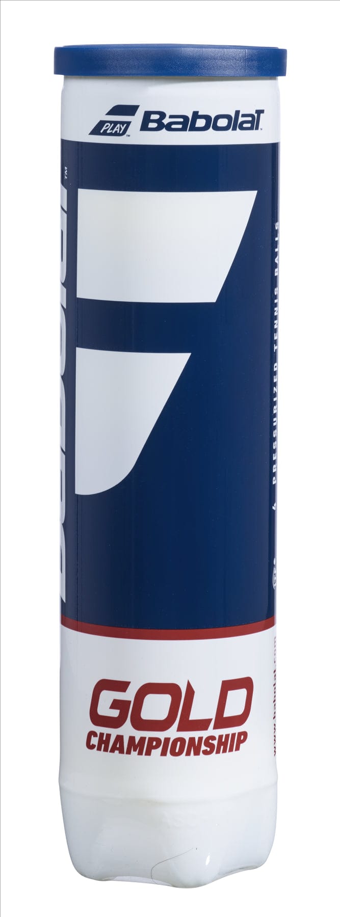 A tube of Babolat EVO Gold Championship Tennis Balls (containing 4 balls) features a blue and white design that prominently displays the Babolat logo and text. These pressurized tennis balls are acclaimed for their durability, making them an ideal choice for players looking for consistent performance.