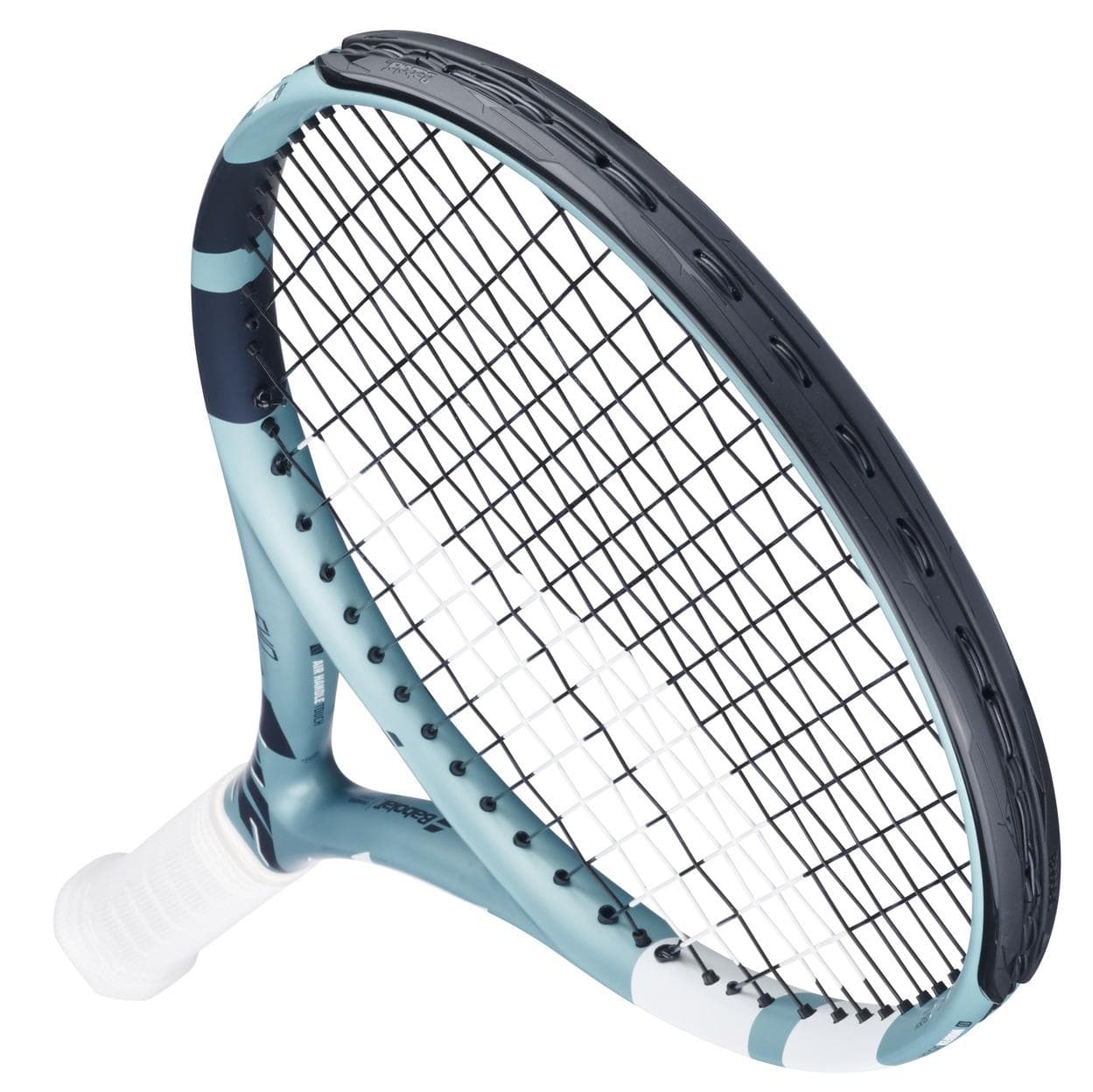 A close-up of the Babolat EVO Drive Lite Gen 2 Tennis Racket - Blue, slightly left-angled, showcasing its light and dark blue design with a white grip. The strings form a grid pattern on its oval frame, enhancing the Air Handle Touch for superior playability.