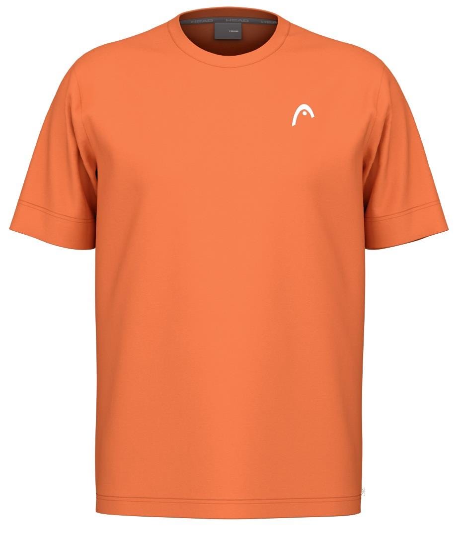 The HEAD Slice II Men's Tennis T-Shirt features an orange, short-sleeve design made with moisture transfer microfiber and a small white logo on the left chest. Crafted from polyester interlock for comfort and durability, it is presented against a plain white background.
