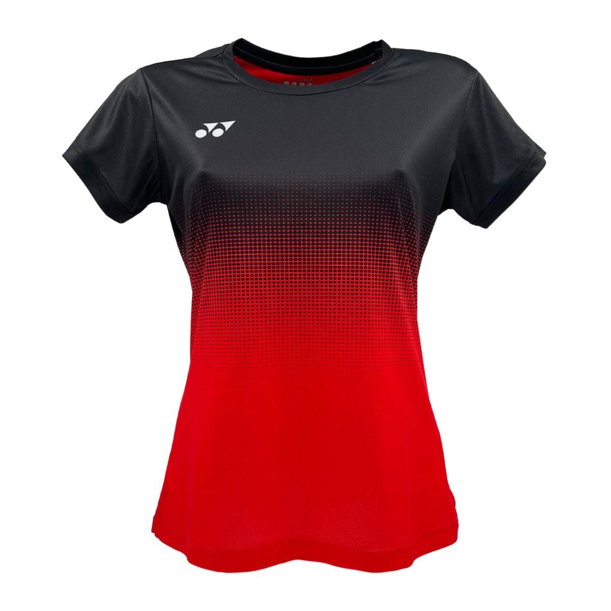 The Yonex YTL5 Women's Tennis T-Shirt in Red/Black features a gradient, pixelated design with moisture-wicking polyester for enhanced performance, seamlessly blending black to red, and displaying a sleek logo on the chest.