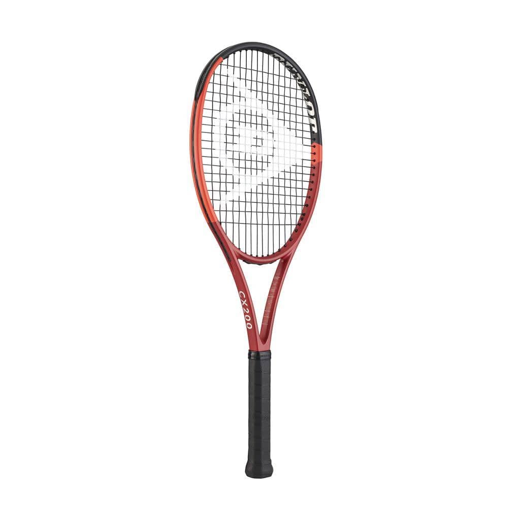 The Dunlop CX 200 2024 Tennis Racket - Red from Dunlop features a sleek black grip and head, accented by an eye-catching red and black frame. Its visible string pattern and centered logo enhance spin potential, making it ideal for players who prioritize precision on the court.